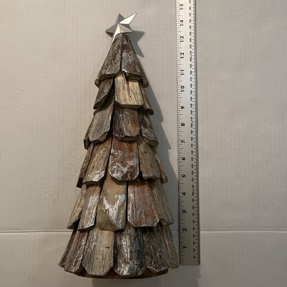 Christmas Handcrafted Tabletop Tree 14 Inches Rustic Wood With Silver Accents - Picture 6 of 9